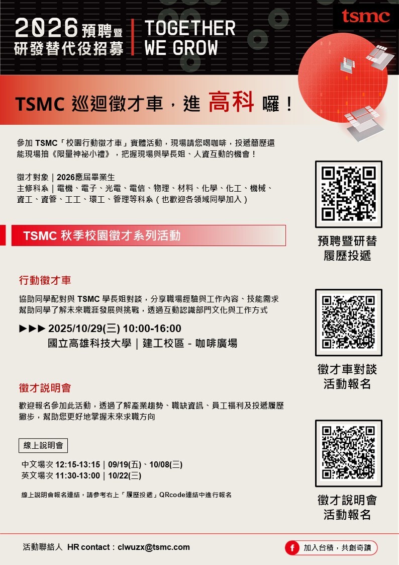 TSMC 2026預聘暨研發替代役招募系列活動